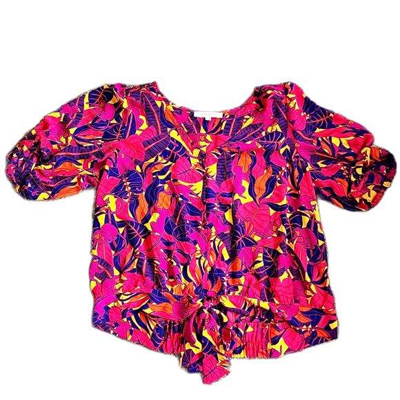 Rose & Olive Tops - NWOT Tropical Island Vibe Blouse | Puffy Sleeve V Neck with Tie Bottom Size XL